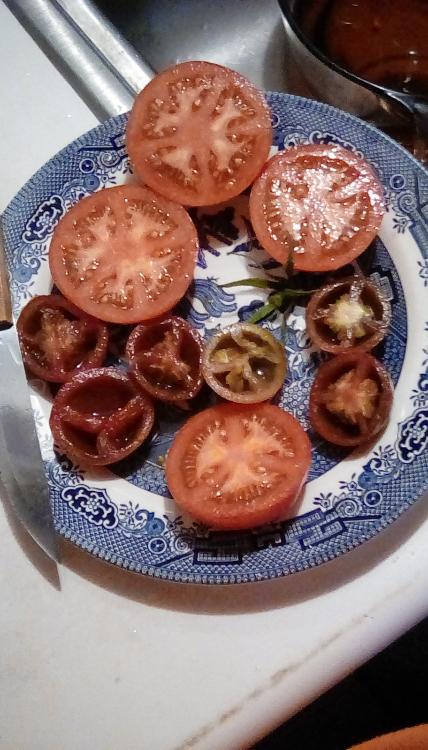 Noire de Crimeée tomato fruit (possibly a cross), cut and seeded. Big Boy F1 tomato fruit, cut, and not seeded.